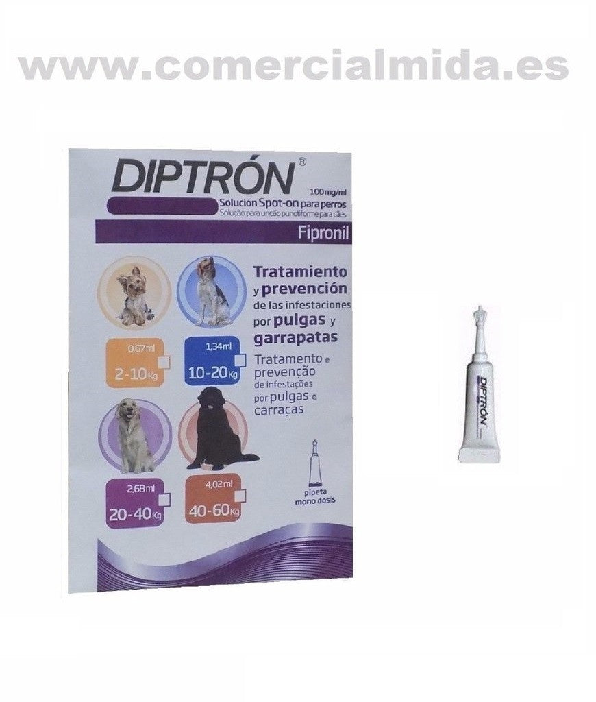 Pipetas DIPTRON para perros 2-10 Kg anti pulgas y garrapatas. Formato individual