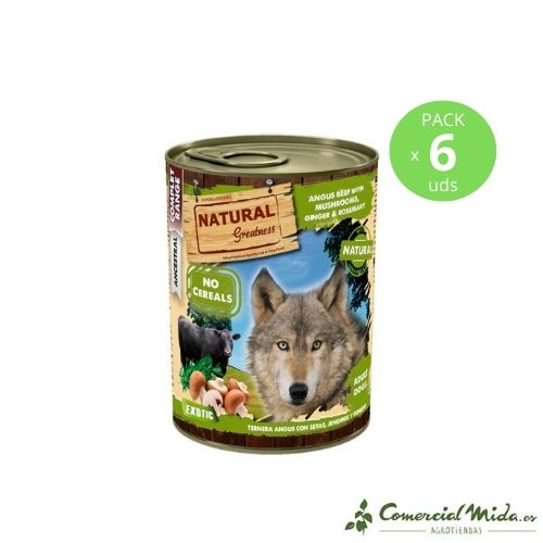 Comida húmeda para perro Natural Greatness Complet con Ternera Angus, setas, jengibre y romero 6x400 gr